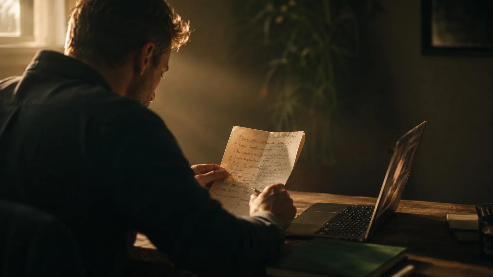 Coach ejecutivo revisando notas de sesión junto a un laptop con luz cálida — la IA en el coaching asiste al coach sin reemplazarlo