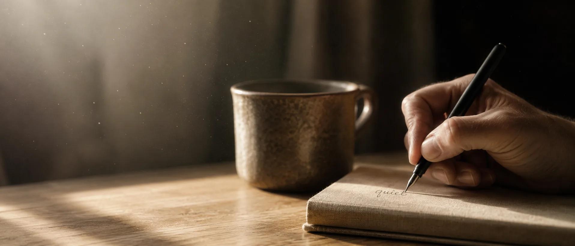 Mano escribiendo la palabra quiet en un cuaderno junto a una taza, luz cálida — el foco silencioso de una sesión de coaching