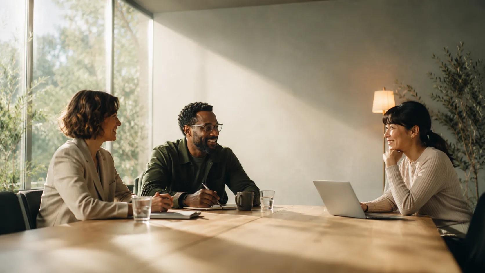 Reunión de coaching ejecutivo para RRHH en una sala corporativa luminosa — líderes de recursos humanos evaluando el ROI del programa