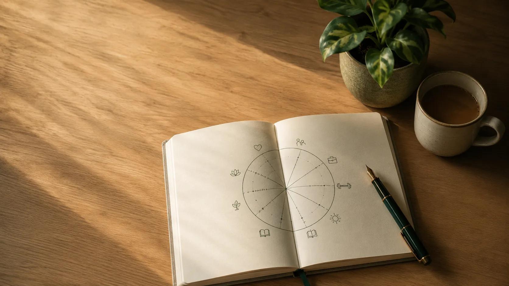 Rueda de la Vida dibujada a mano en un cuaderno sobre un escritorio de roble — una de las herramientas de coaching ICF